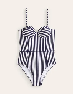 Rhodes Cup-Size Swimsuit-Navy, Ivory Stripe-Boden Best