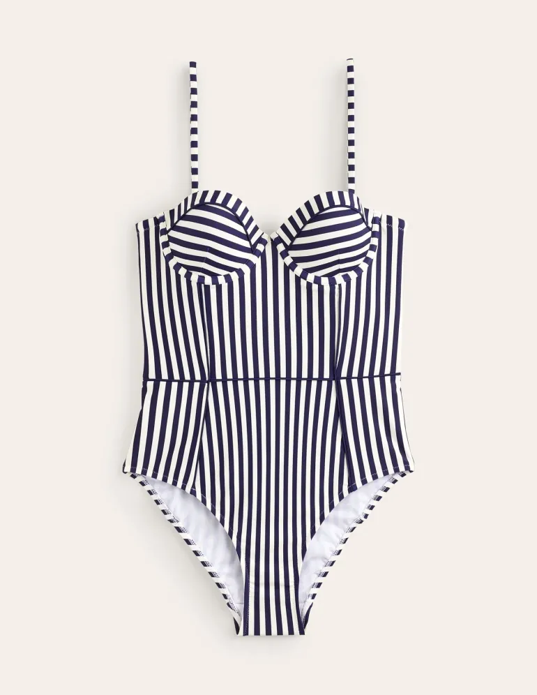 Rhodes Cup-Size Swimsuit-Navy, Ivory Stripe-Boden Best