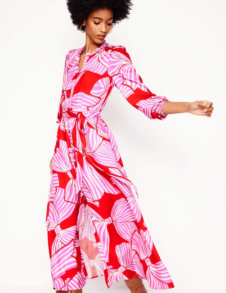 Ruby Collarless Shirt Dress-Rouge, Bow Scatter-Boden Outlet