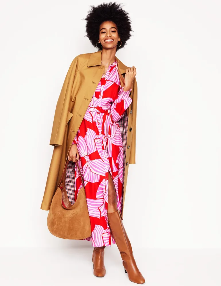 Ruby Collarless Shirt Dress-Rouge, Bow Scatter-Boden Outlet