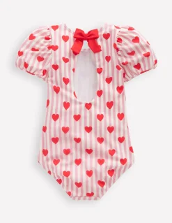 Sandy Puff Sleeve Swimsuit-Bubblegum Pink Heart Stripe-Boden Discount