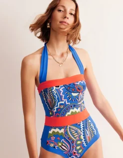 Santorini Halterneck Swimsuit-Blue, Foliage Paisley-Boden Discount