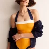 Santorini Halterneck Swimsuit-Saffron Yellow Colourblock-Boden Cheap