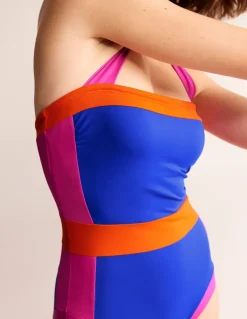 Santorini Halterneck Swimsuit-Blue/Pink Colourblock-Boden Shop