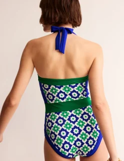 Santorini Halterneck Swimsuit-Surf The Web, Geometric Stamp-Boden Best