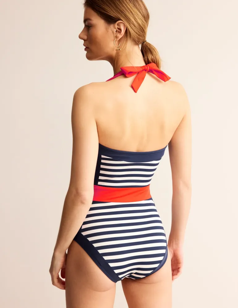 Santorini Halterneck Swimsuit-Red, Navy Stripe-Boden Best Sale