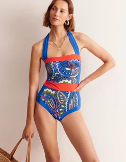 Santorini Halterneck Swimsuit-Blue, Foliage Paisley-Boden Discount