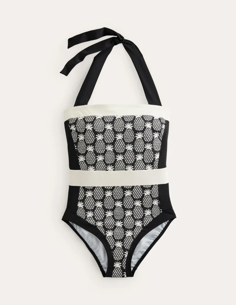 Santorini Halterneck Swimsuit-Black, Pineapple Geo-Boden Cheap