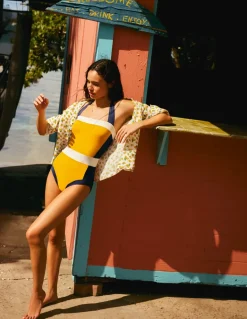 Santorini Halterneck Swimsuit-Saffron Yellow Colourblock-Boden Cheap