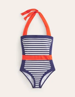 Santorini Halterneck Swimsuit-Red, Navy Stripe-Boden Best Sale