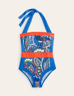 Santorini Halterneck Swimsuit-Blue, Foliage Paisley-Boden Discount