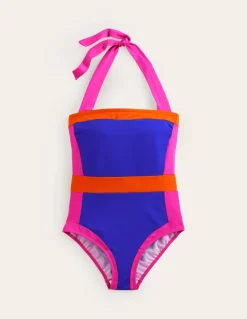 Santorini Halterneck Swimsuit-Blue/Pink Colourblock-Boden Shop