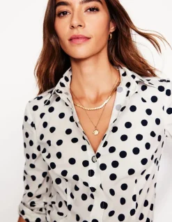 Saskia Stretch Cotton Shirt-Ivory and Navy, Abstract Dot-Boden Best