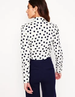 Saskia Stretch Cotton Shirt-Ivory and Navy, Abstract Dot-Boden Best
