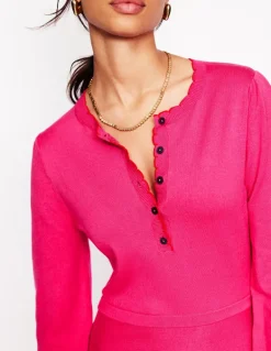 Scallop Henley Knitted Dress-Pink Peony-Boden Best