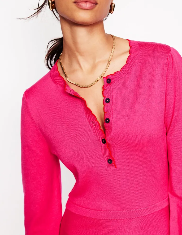 Scallop Henley Knitted Dress-Pink Peony-Boden Best