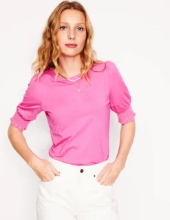 Short Sleeve Smocked Cuff Top-Tickled Pink-Boden Hot
