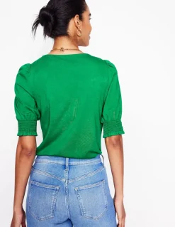 Short Sleeve Smocked Cuff Top-Rich Emerald-Boden Best Sale