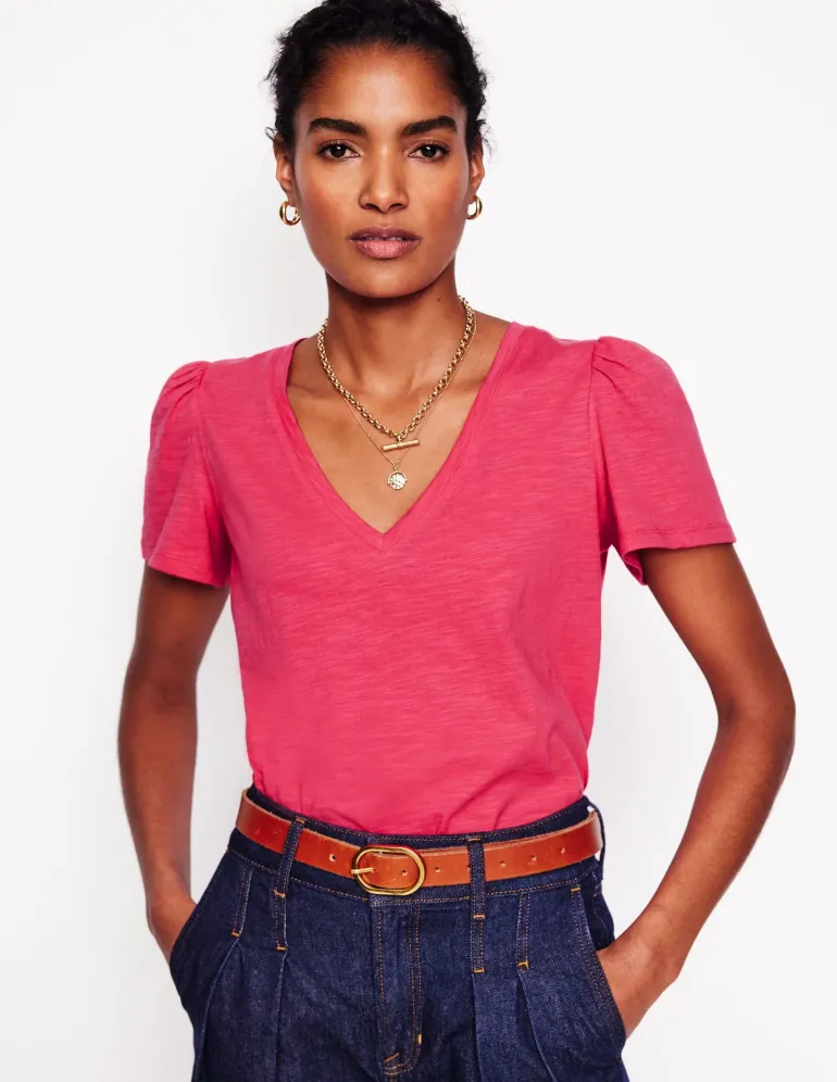 Short Sleeve V Neck T-shirt-Camelia Pink-Boden Shop