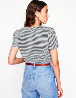 Short Sleeve V Neck T-shirt-Ivory, Navy Stripe-Boden Hot