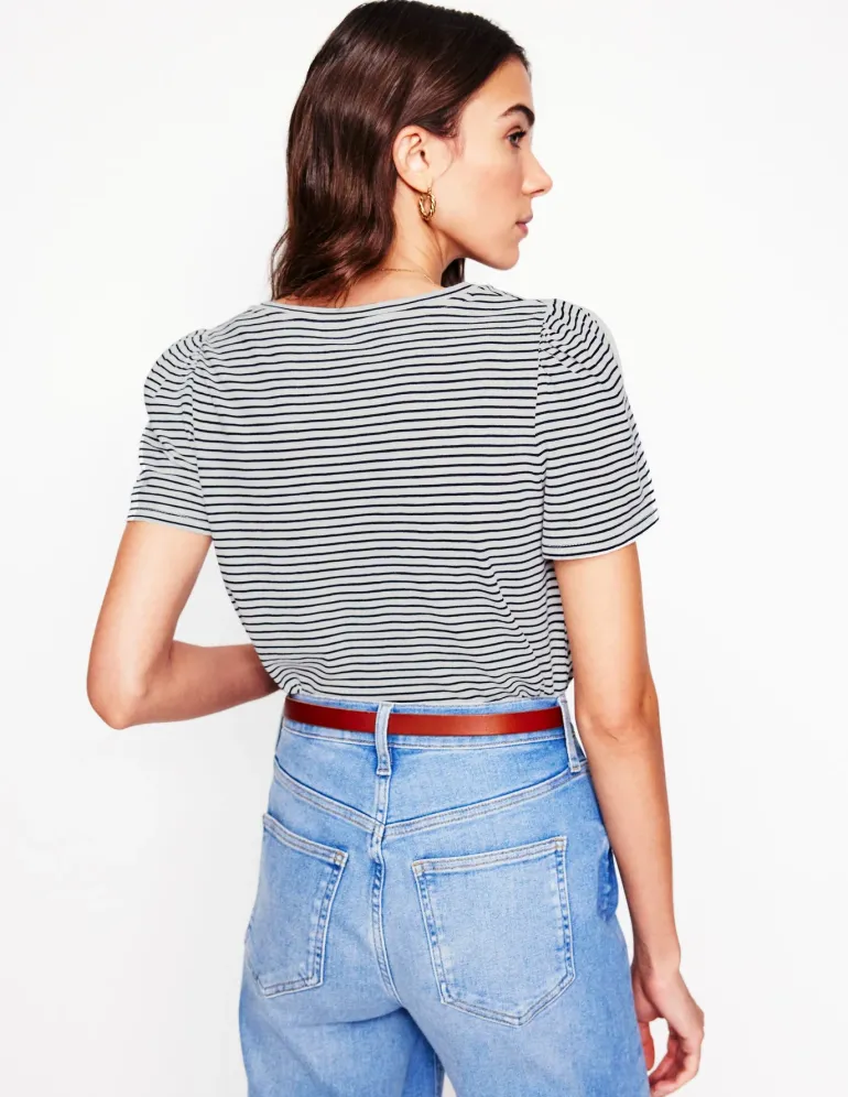 Short Sleeve V Neck T-shirt-Ivory, Navy Stripe-Boden Hot