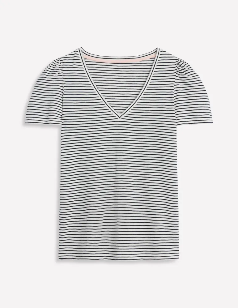 Short Sleeve V Neck T-shirt-Ivory, Navy Stripe-Boden Hot