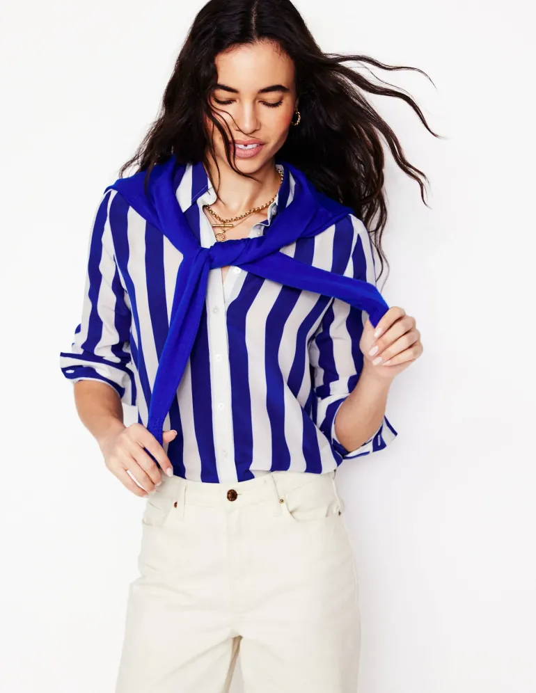 Sienna Silk Shirt-Bright Blue Wide Stripe-Boden Store