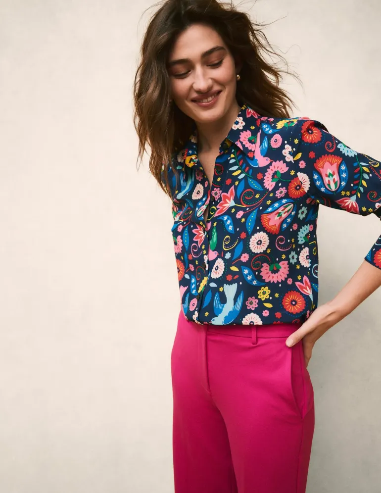 Sienna Silk Shirt-French Navy, Decorative Garden-Boden Fashion