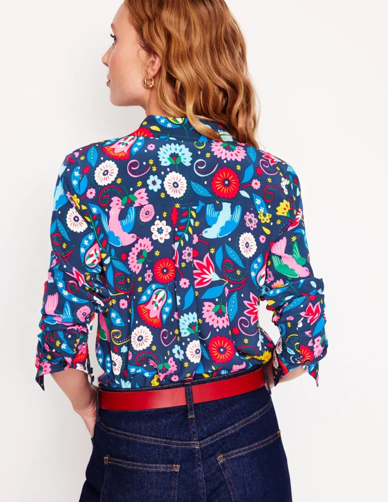 Sienna Silk Shirt-French Navy, Decorative Garden-Boden Fashion
