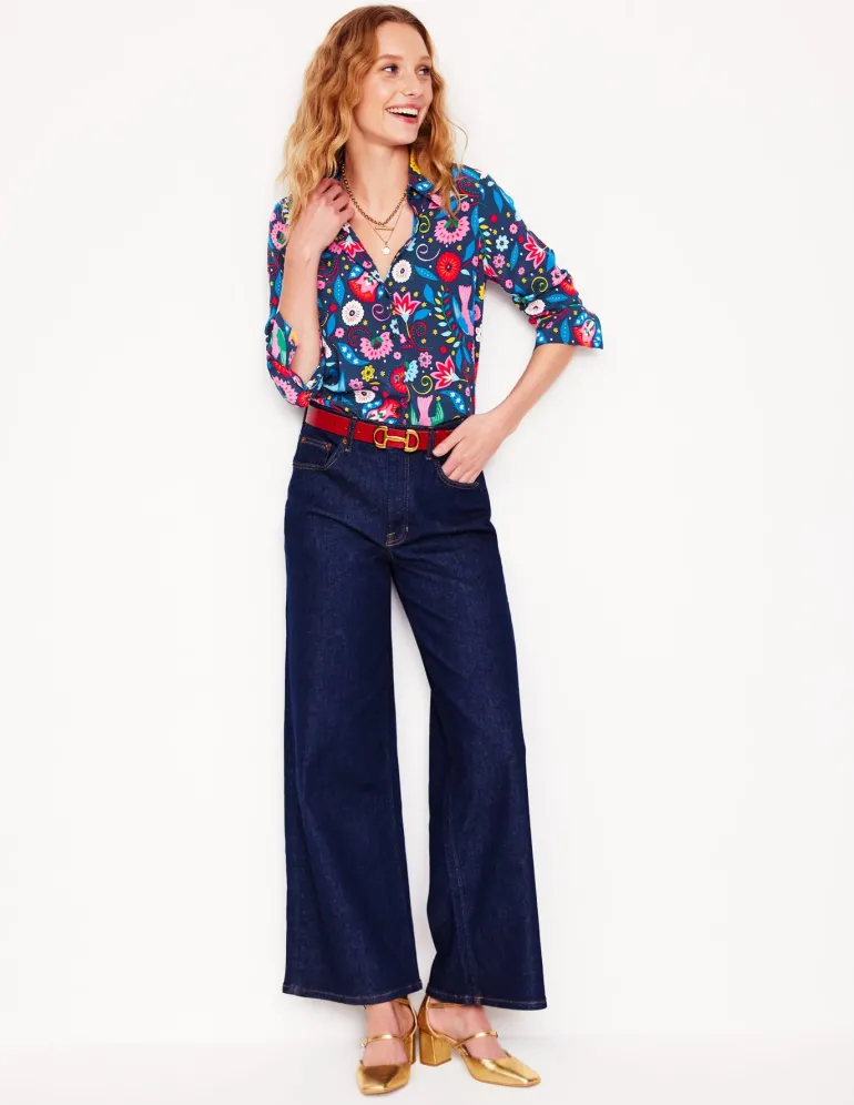 Sienna Silk Shirt-French Navy, Decorative Garden-Boden Fashion