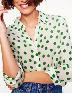 Sienna Silk Shirt-Ivory, Green Abstract Dot-Boden New