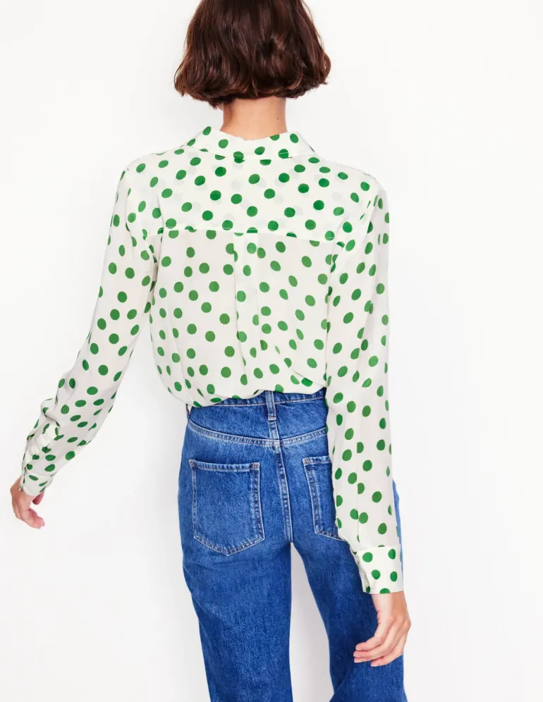 Sienna Silk Shirt-Ivory, Green Abstract Dot-Boden New