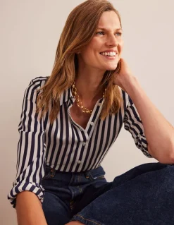 Sienna Silk Shirt-Ivory, Navy Stripe-Boden New