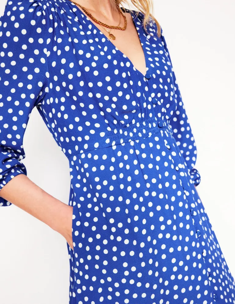 Smocked Button Tea Dress-Bright Blue, Abstract Dot-Boden Fashion