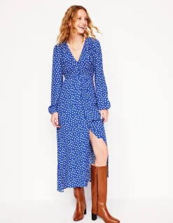 Smocked Button Tea Dress-Bright Blue, Abstract Dot-Boden Fashion