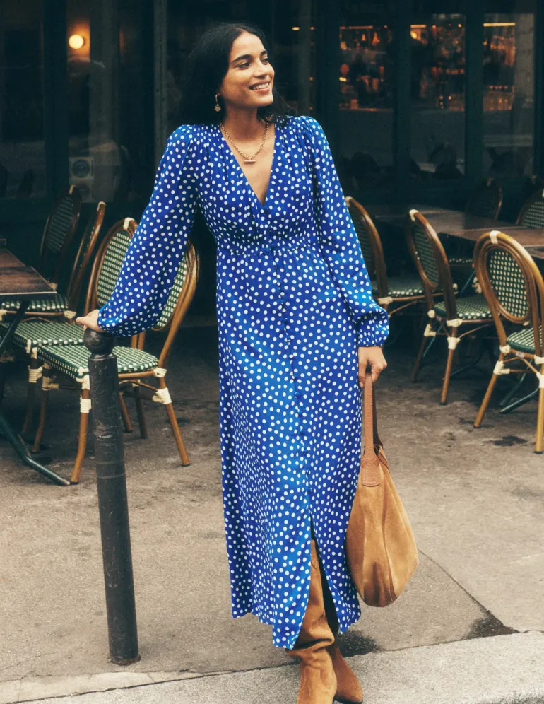 Smocked Button Tea Dress-Bright Blue, Abstract Dot-Boden Fashion