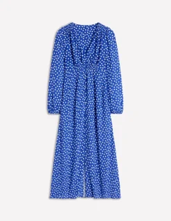 Smocked Button Tea Dress-Bright Blue, Abstract Dot-Boden Fashion