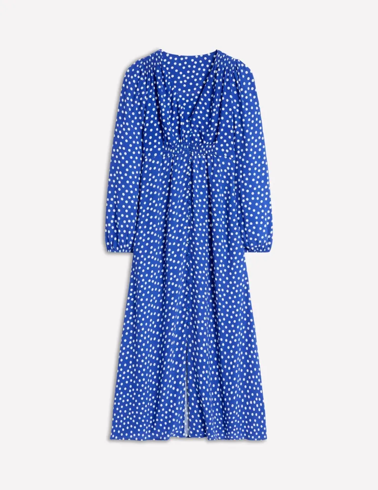 Smocked Button Tea Dress-Bright Blue, Abstract Dot-Boden Fashion