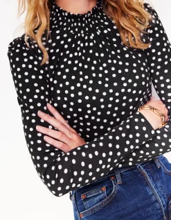 Smocked Neck Printed Top-Black, Milkshake Spot-Boden Fashion