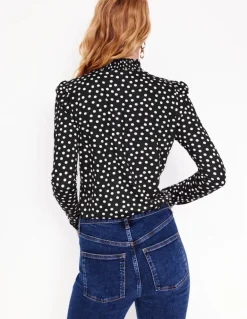 Smocked Neck Printed Top-Black, Milkshake Spot-Boden Fashion