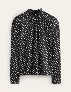 Smocked Neck Printed Top-Black, Milkshake Spot-Boden Fashion