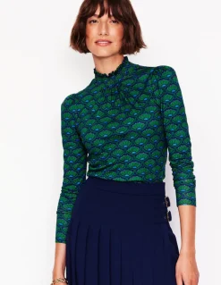 Smocked Neck Printed Top-Emerald, Lotus Stamp-Boden Cheap