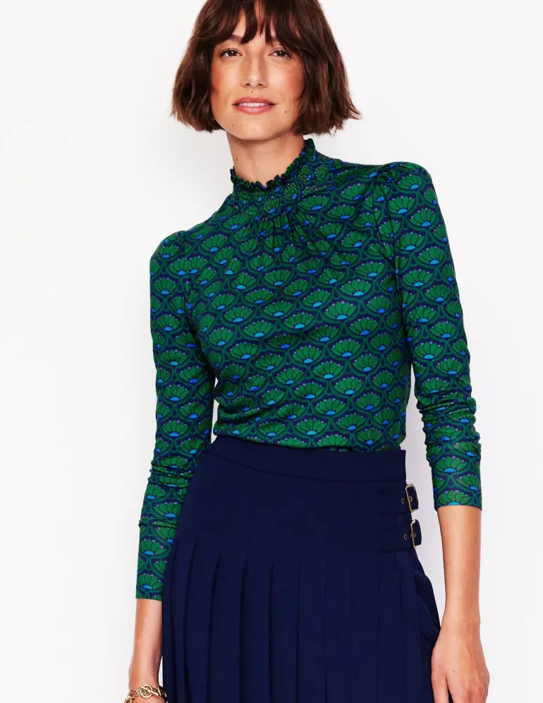 Smocked Neck Printed Top-Emerald, Lotus Stamp-Boden Cheap