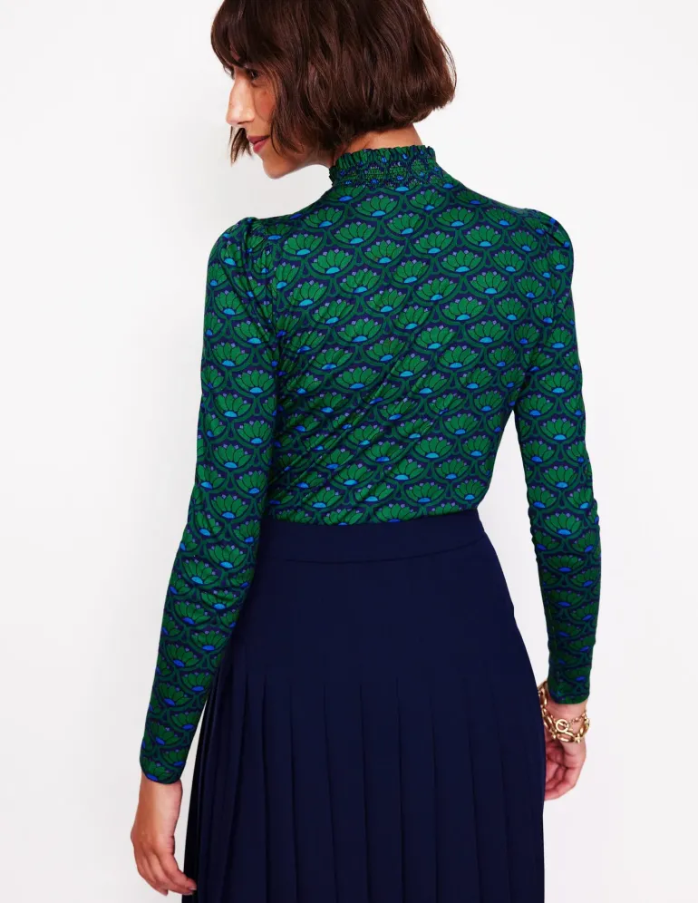 Smocked Neck Printed Top-Emerald, Lotus Stamp-Boden Cheap