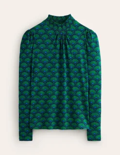 Smocked Neck Printed Top-Emerald, Lotus Stamp-Boden Cheap