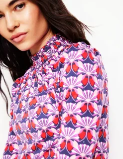 Smocked Neck Printed Top-Poppy Red, Daisy Bloom Geo-Boden Shop