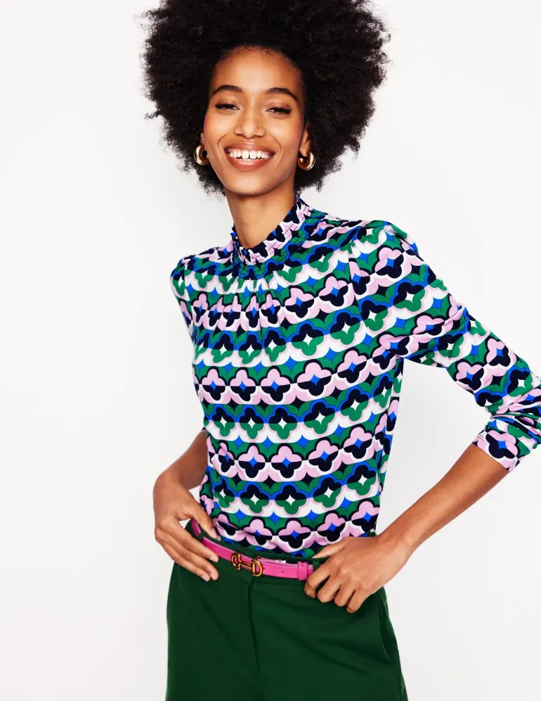 Smocked Neck Printed Top-Rich Emerald, Lucky Clover-Boden Online