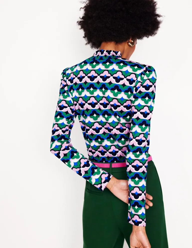Smocked Neck Printed Top-Rich Emerald, Lucky Clover-Boden Online