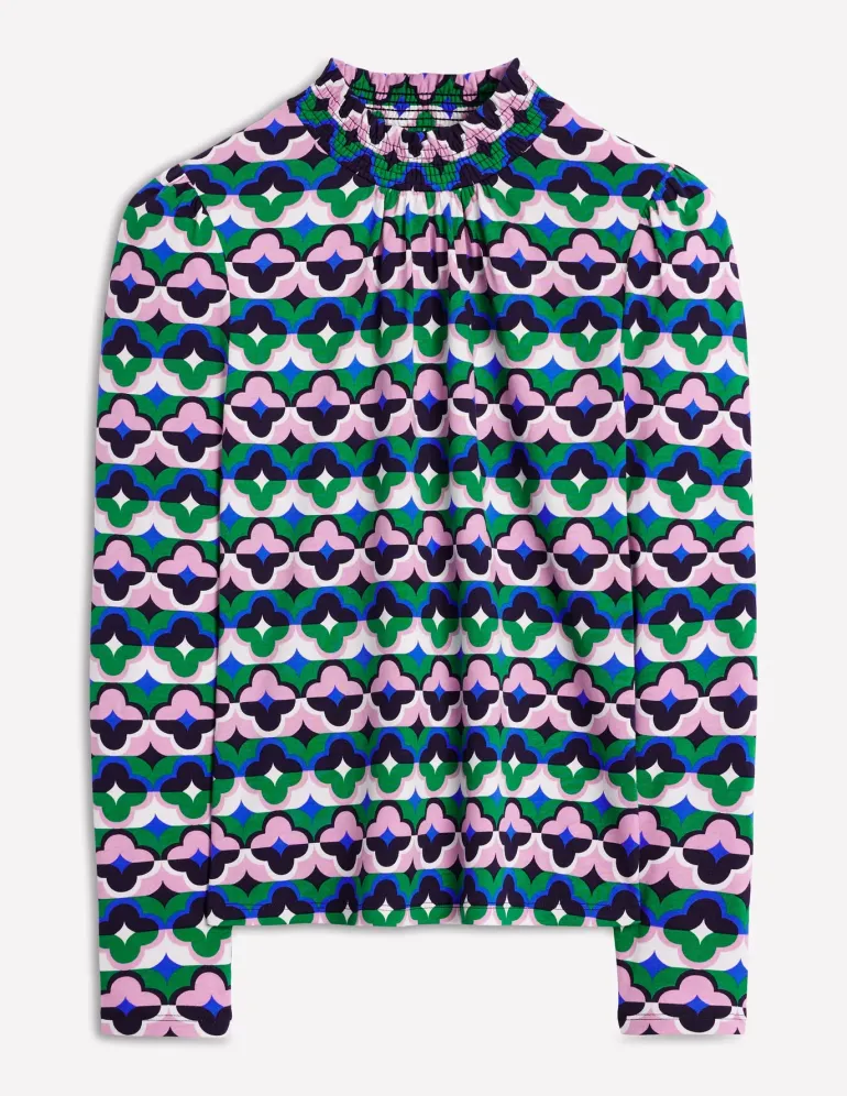 Smocked Neck Printed Top-Rich Emerald, Lucky Clover-Boden Online