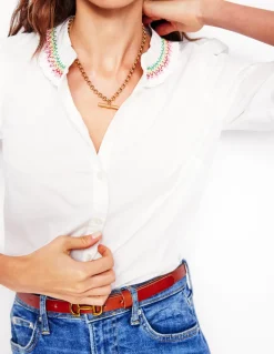 Smocked Neck Shirt-White, Multi Stitching-Boden Sale